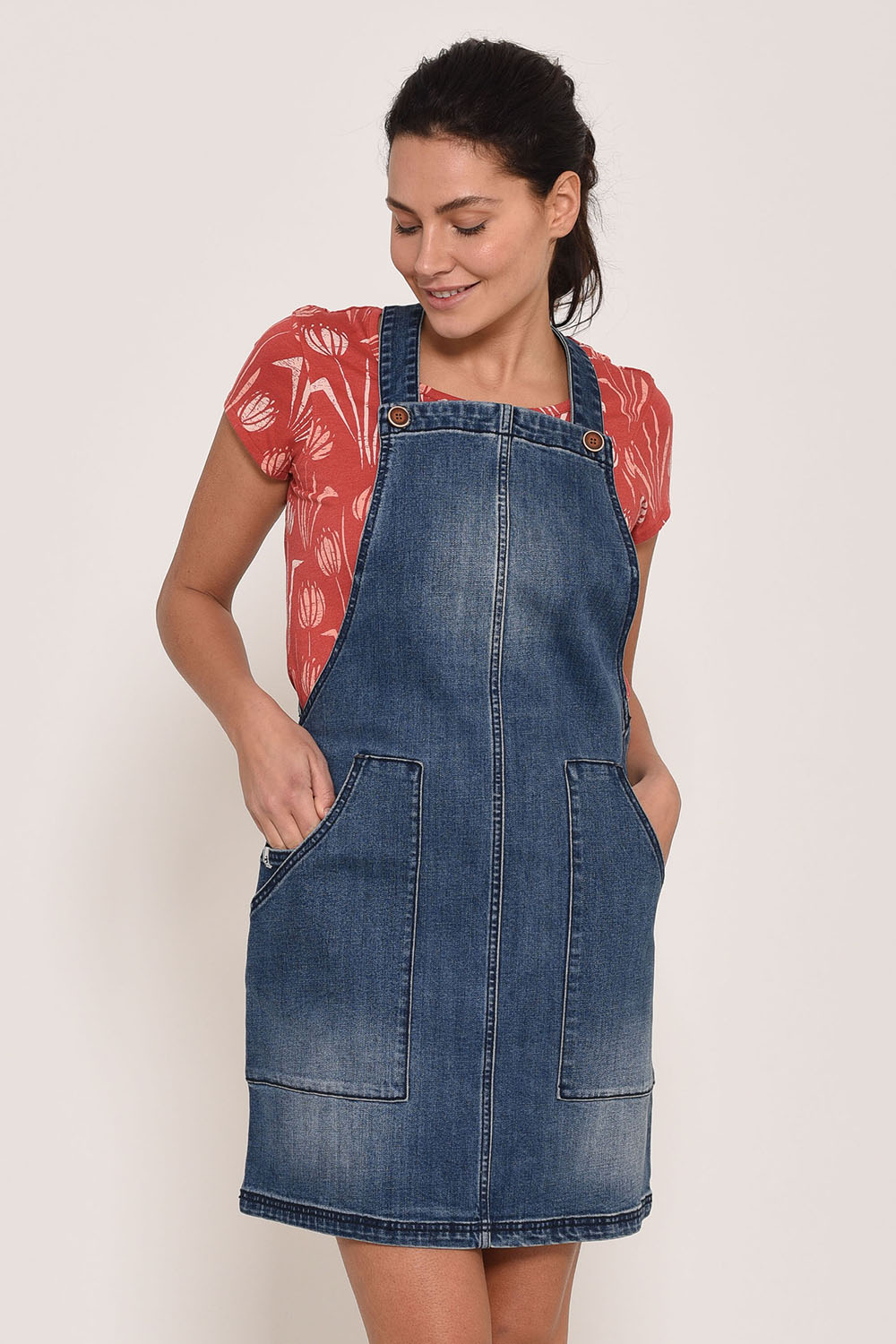 Fashion denim pinafore dress knee length